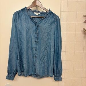 Blue Chambray Long Sleeve Size L Button Down Super Soft Ruffle Modest Granny
